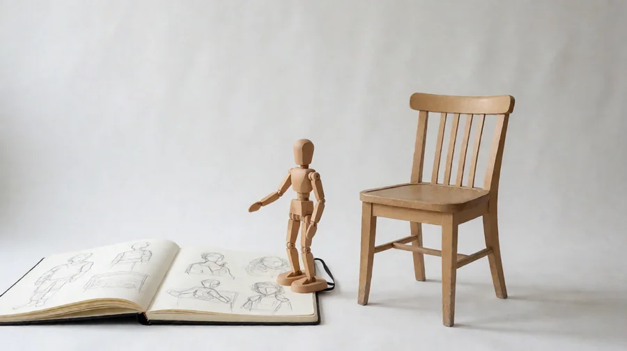 桃乃木香奈引退阶段作品作品整理配图;素描本、木制绘画人偶与空椅